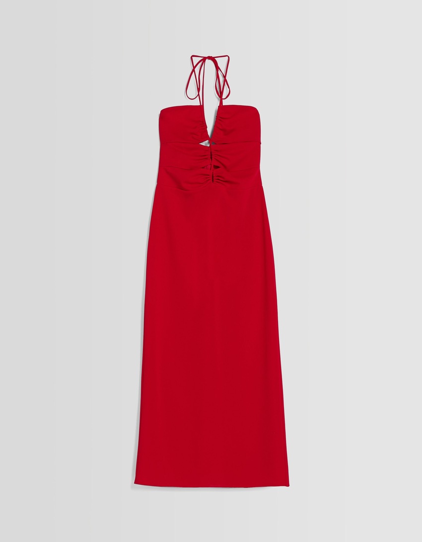 Vestido midi com decote halter e recortes