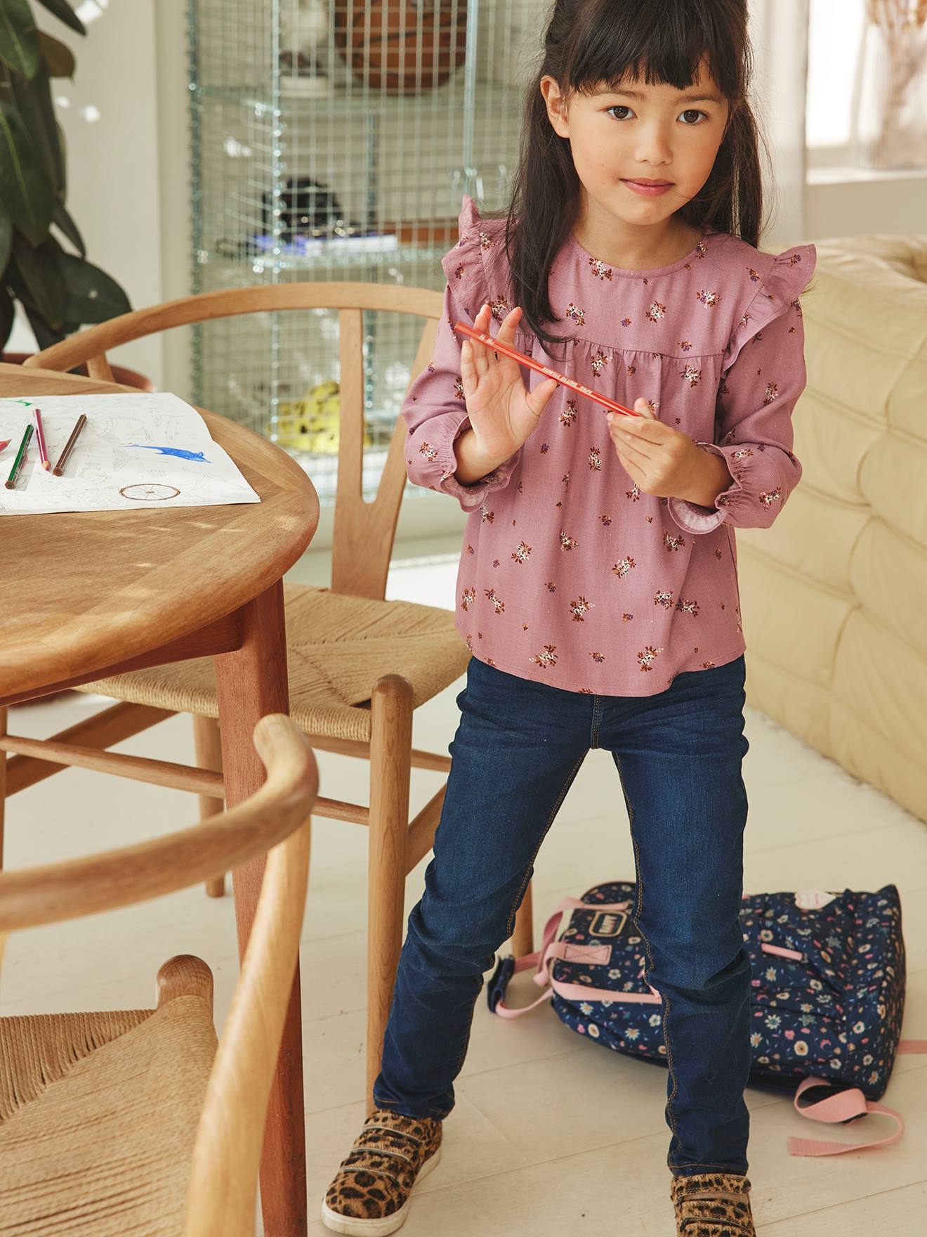 Blusa de manga comprida com flores, para meninas, azul escuro