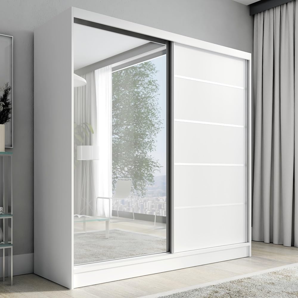 A&J MöbelLand Schwebetürenschrank Nero Kleiderschrank 2-türig mit Schubladen und Spiegel, Garderobe 200 cm (Weiß)