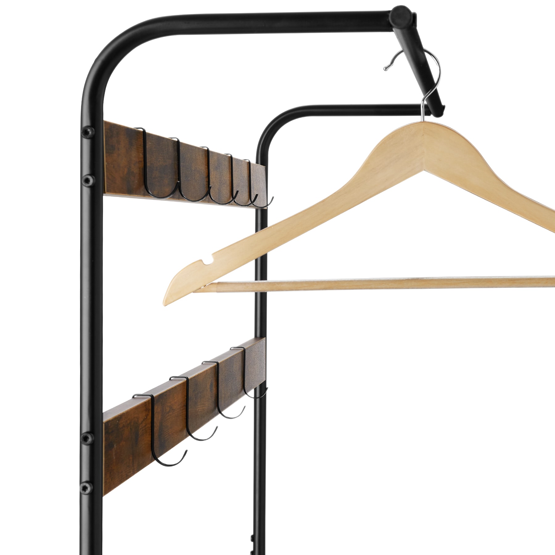 tectake® Garderobenständer, Industrial Style, mit Sitzfläche, 2 Gitterablagen und 9 abnehmbaren Haken, inklusive Kippschutz, 73,5 x 36 x 184 cm