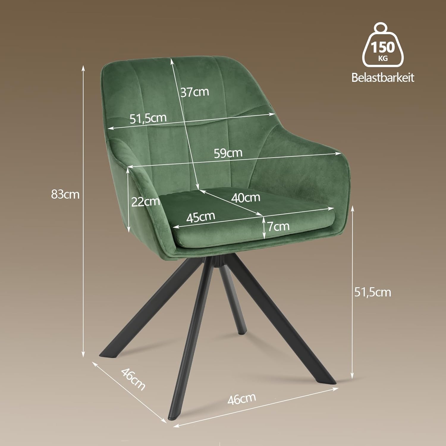 Drehstuhl Esszimmer 4er Set Samt Grün mit Armlehne Polsterstuhl Esszimmerstühle drehbar Küchenstuhl mit Metallbeine für Wohnzimmer Esszimmer