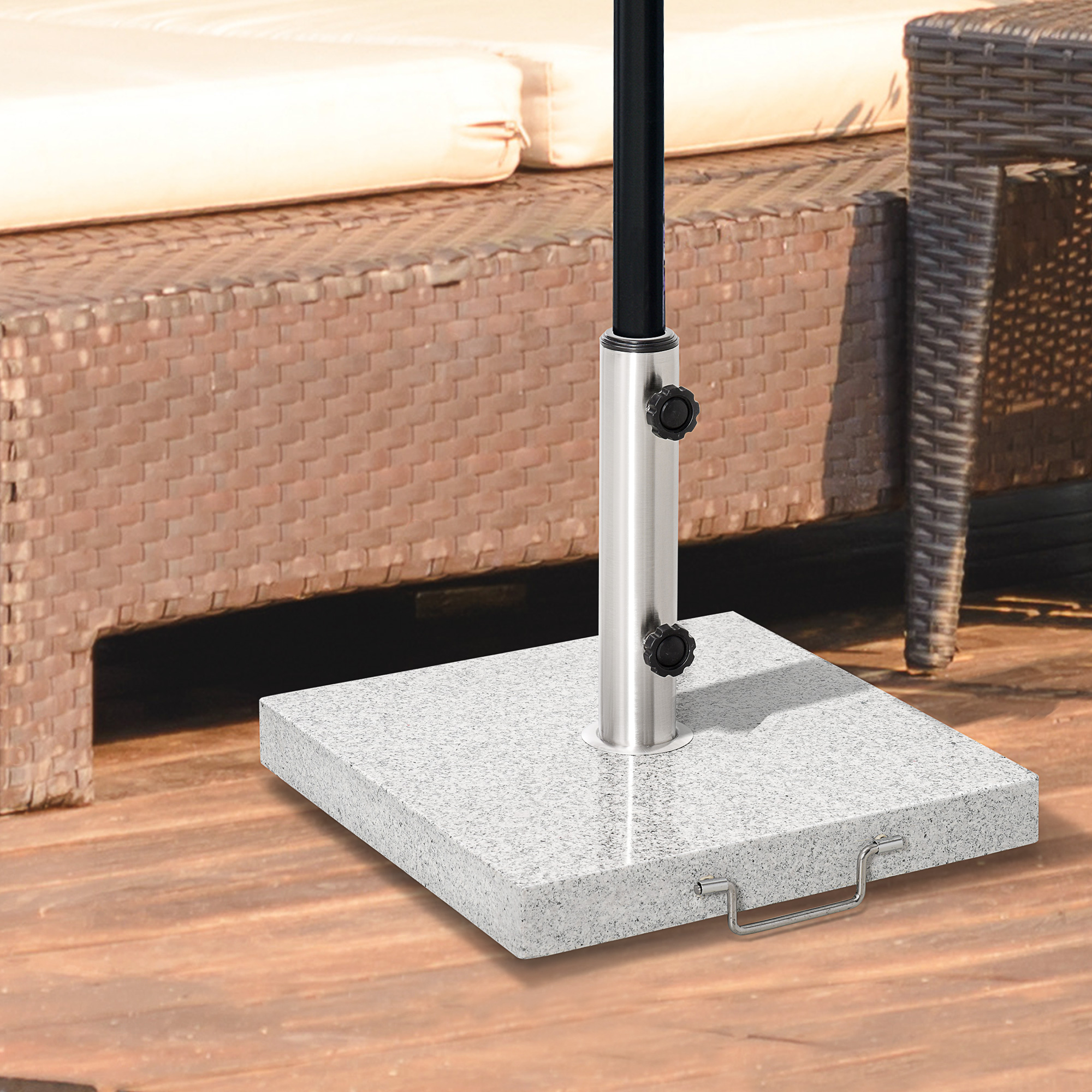 Base universal para guarda-sol Outsunny para exterior, capacidade de 25 kg, mármore, com 2 rodas e alça de transporte, tubo de Ø35/38/48 mm, suporte para guarda-sol para jardim, varanda, pátio, 40x40x36 cm, cinza