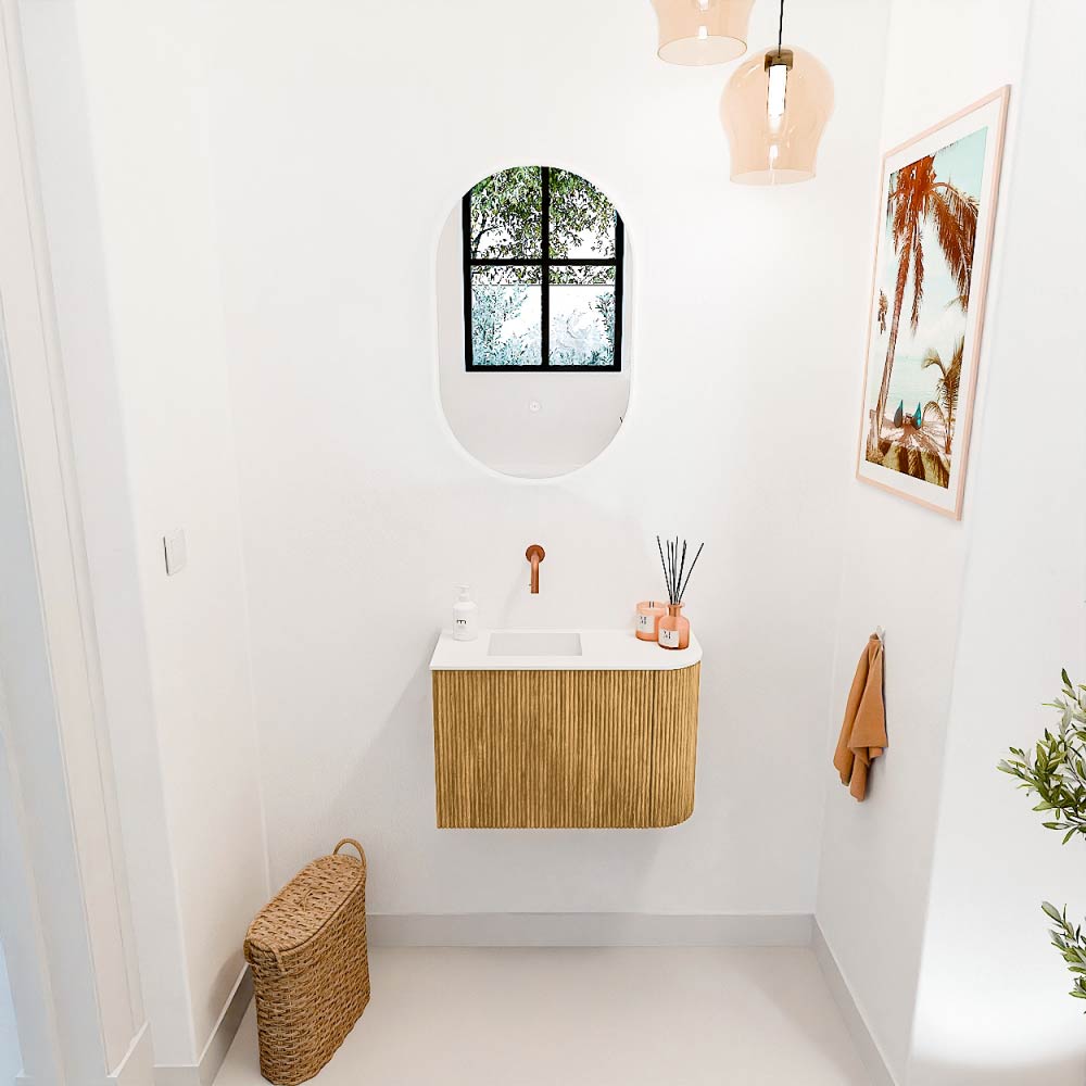 Mondiaz Joya 60cm toiletmeubel ronding rechts oak met wastafel faye links zonder kraangat talc