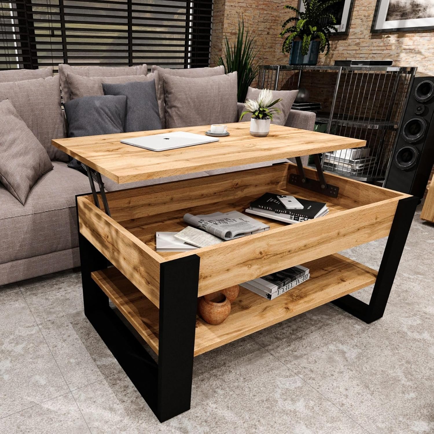 Couchtisch höhenverstellbar mit Stauraum - Couchtische - Wohnzimmertisch klappbar - höhenverstellbarer Coffee Table - Wohnzimmer Tisch Holz Braun