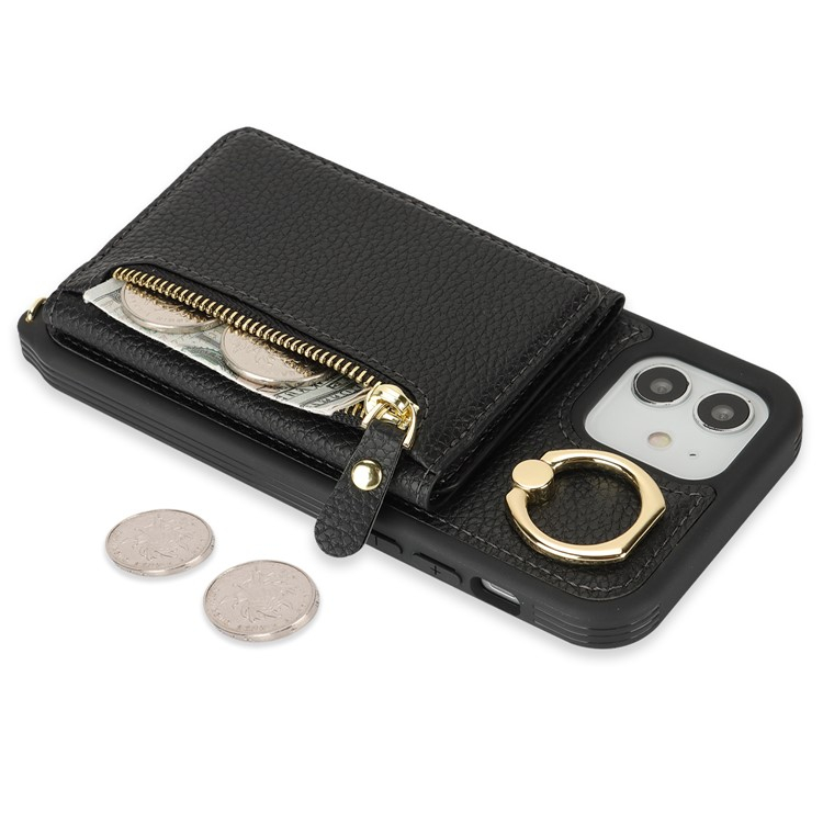iPhone 12 / iPhone 12 Pro Necklace Leder Hülle mit Münzfach und Kartenfächer   Finger Griff Halterung   Handykette - Schwarz
