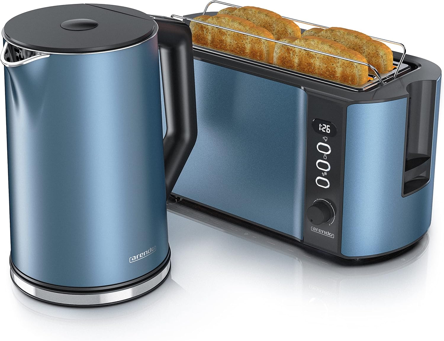 Arendo - Wasserkocher mit Toaster SET Edelstahl Blau, Wasserkocher 1,5L, 40° - 100°C Warmhaltefunktion Toaster 4 Scheiben LED-Display 6 Bräunungsgrade Brötchaufsatz