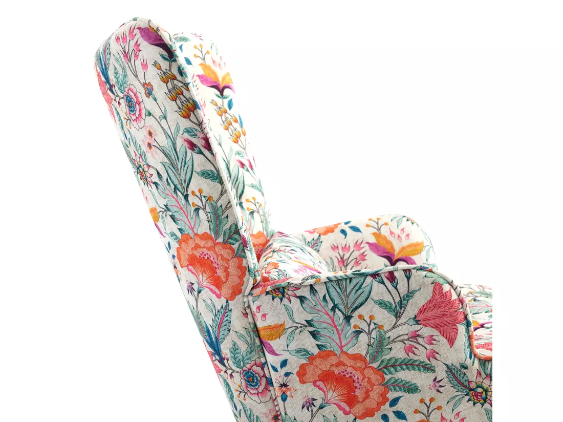 Fauteuil à bascule en velours de luxe avec cadre métallique et pattes en bois pour une chambre confortable