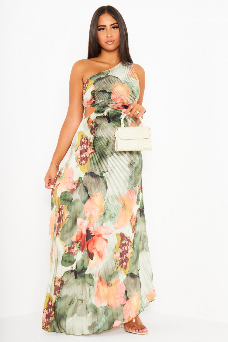 Robe kaki one shoulder plissées et fleurie