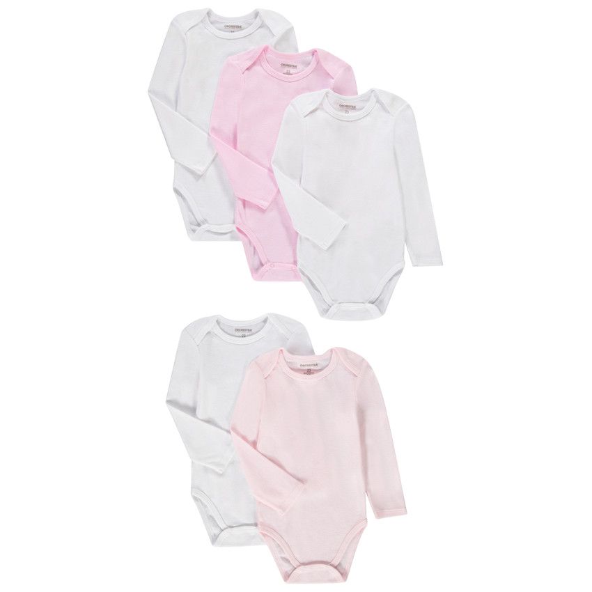 Lot de 5 bodies unis à manches longues pour bébé fille - Blanc