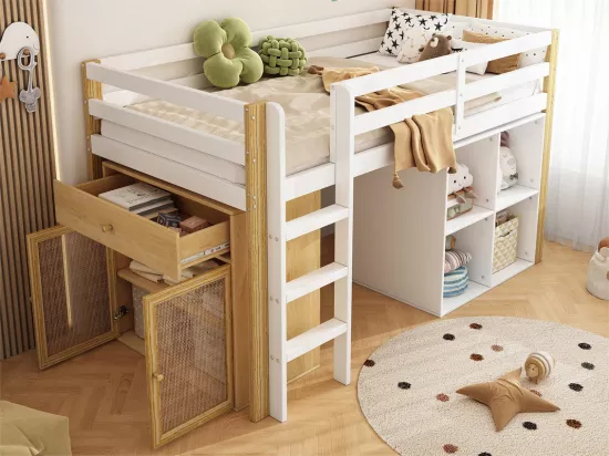 Lit mezzanine pour enfant 90x200 cm - avec meuble de rangement et étagères - Blanc (sans matelas)