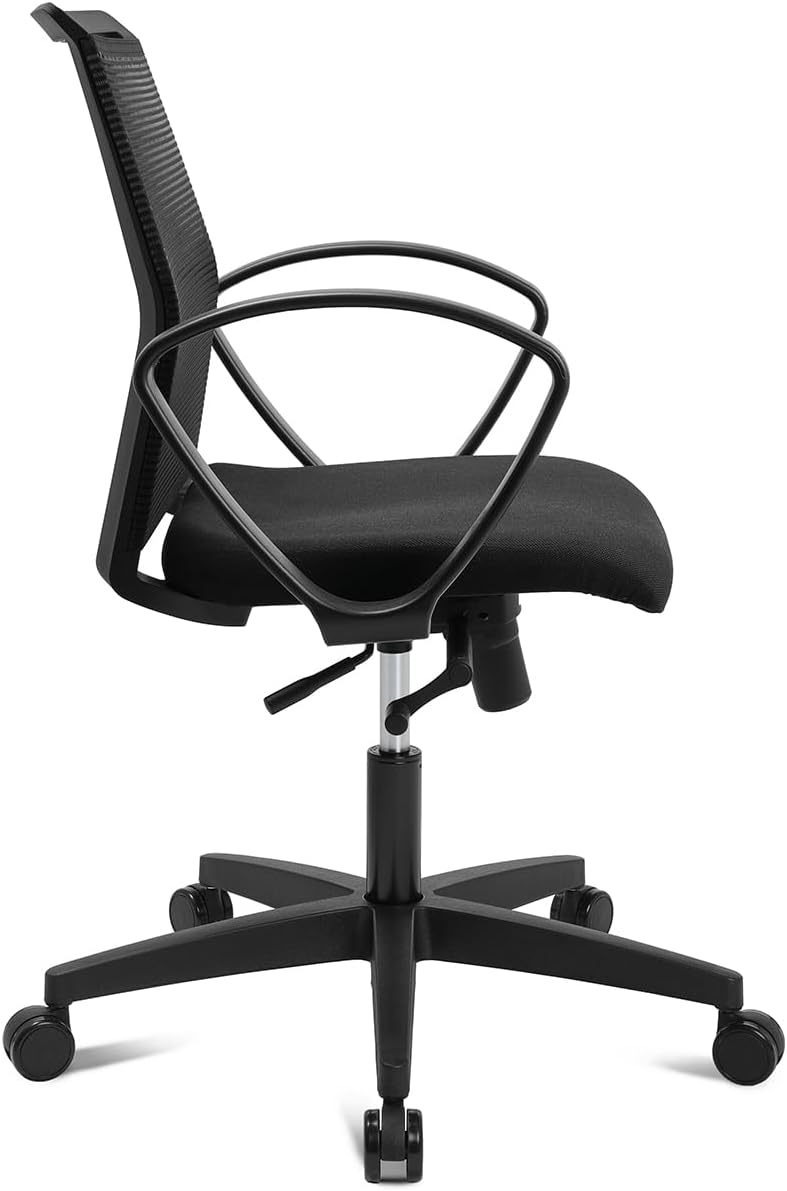 TOPSTAR Living Chairs Basic 10 – Bürostuhl mit Air+ Luftkissen-Technologie, ergonomisch & preiswert, Wippmechanik, Netzrücken, Made in Germany, Top Preis-Leistung, mit Ringarmlehne, Stoff schwarz