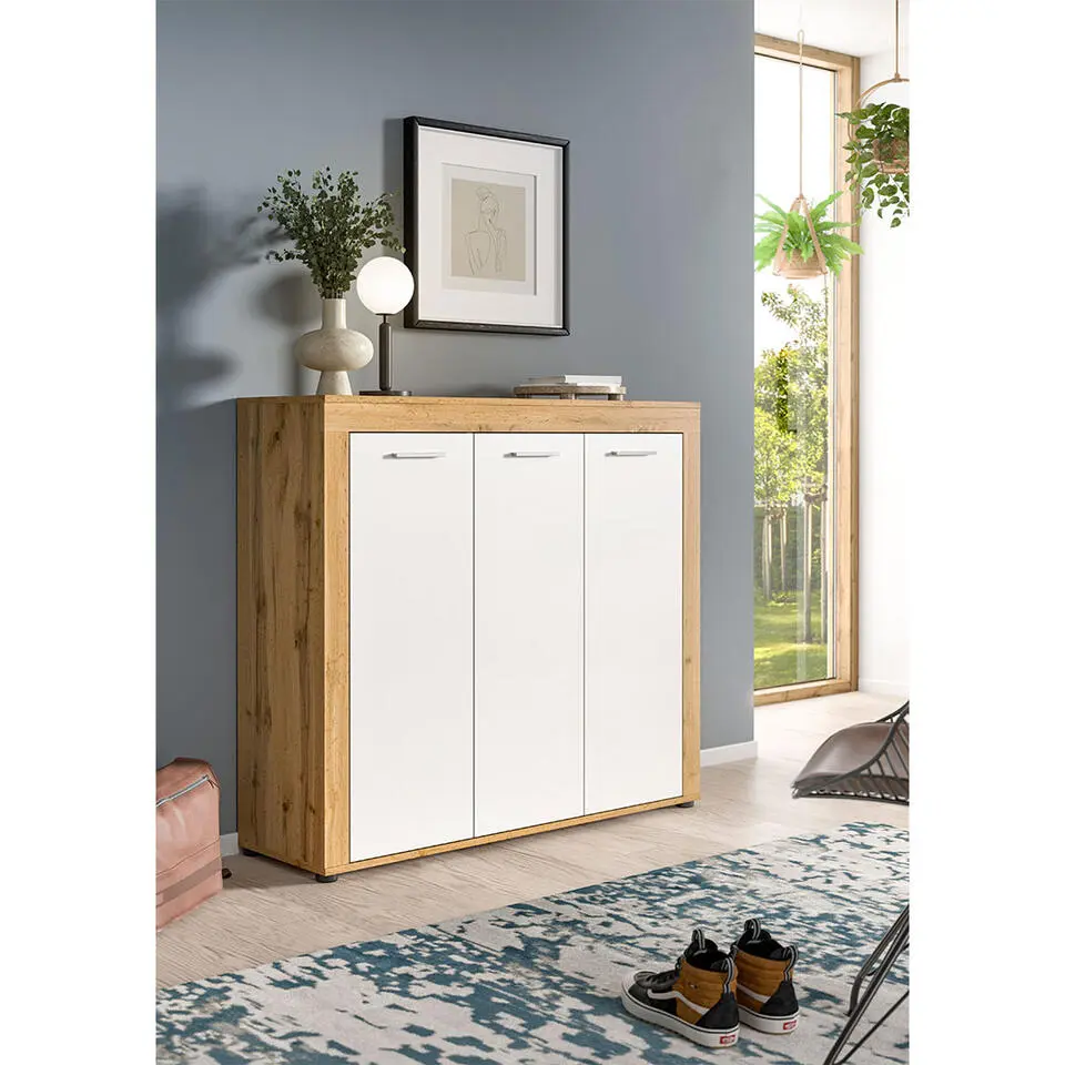 Hioshop Jam schoenenkast 3 deuren wit- eik decor
