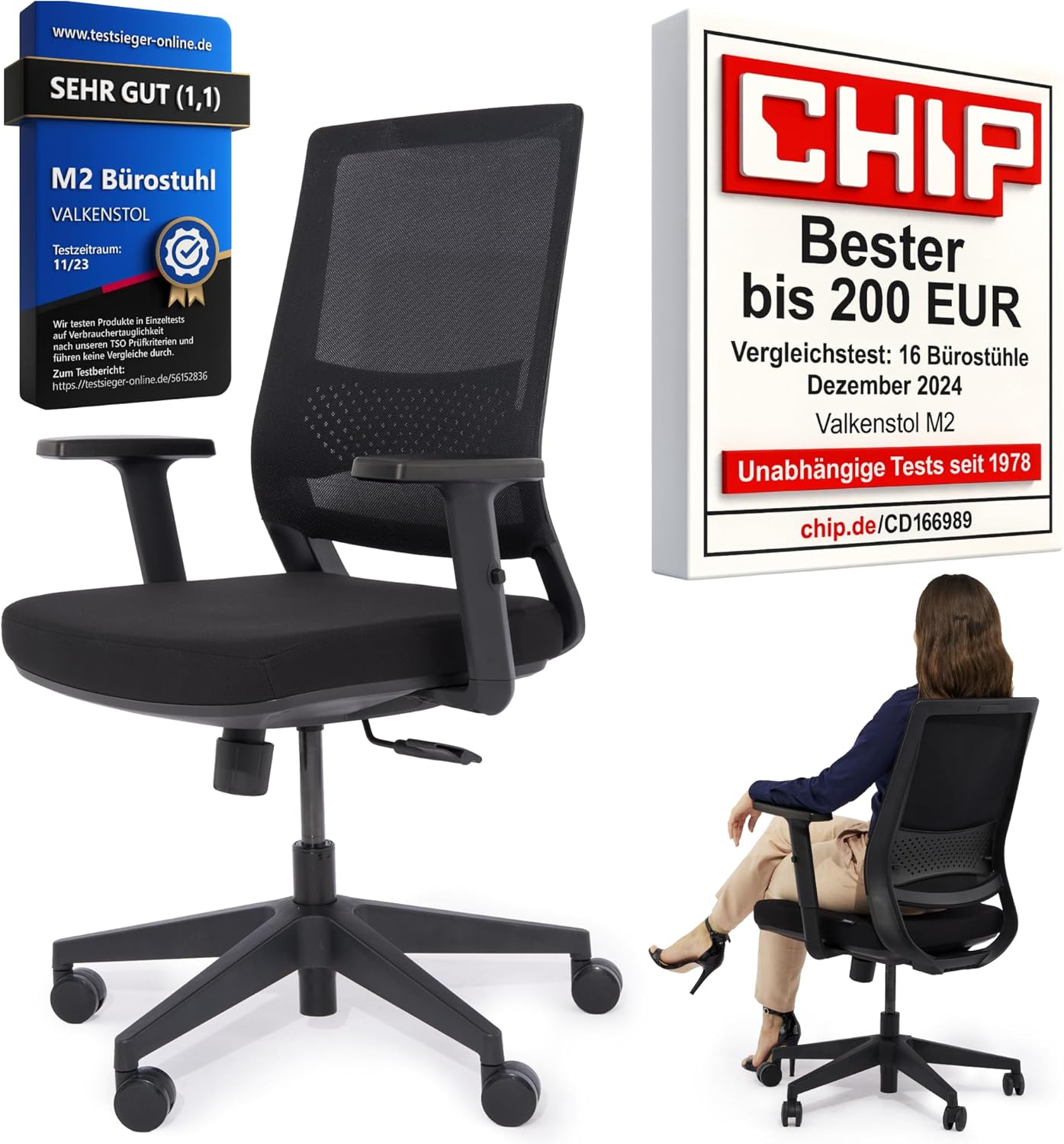 M2 Bürostuhl Ergonomisch Testsieger mit Einstellbarer Armlehne ohne Kopfstütze für maximale Bewegungsfreiheit, Rückenfreundliche Bürostühle, Schreibtischstuhl für Büro und Home Office Chair