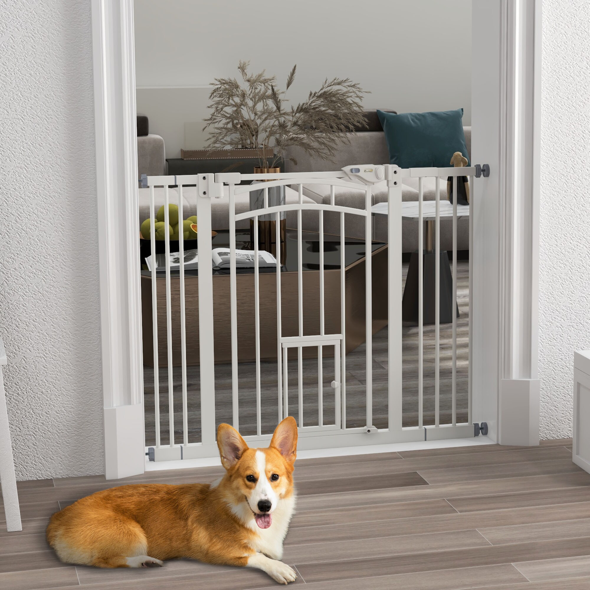 PawHut Türschutzgitter mit einer Katzentür weiß 74-100L x 4B x 76H cm