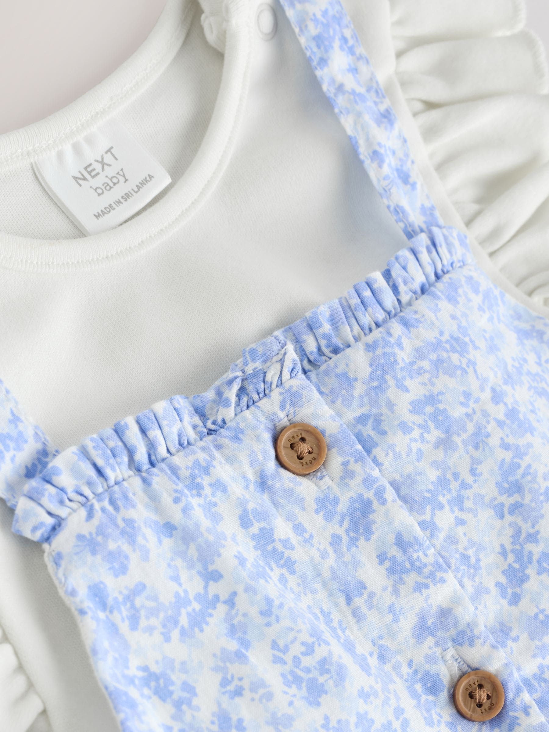 Blauw/wit met bloemenprint - Babyset van rompertje met korte mouwen en bretelbroek (0mnd -2jr)