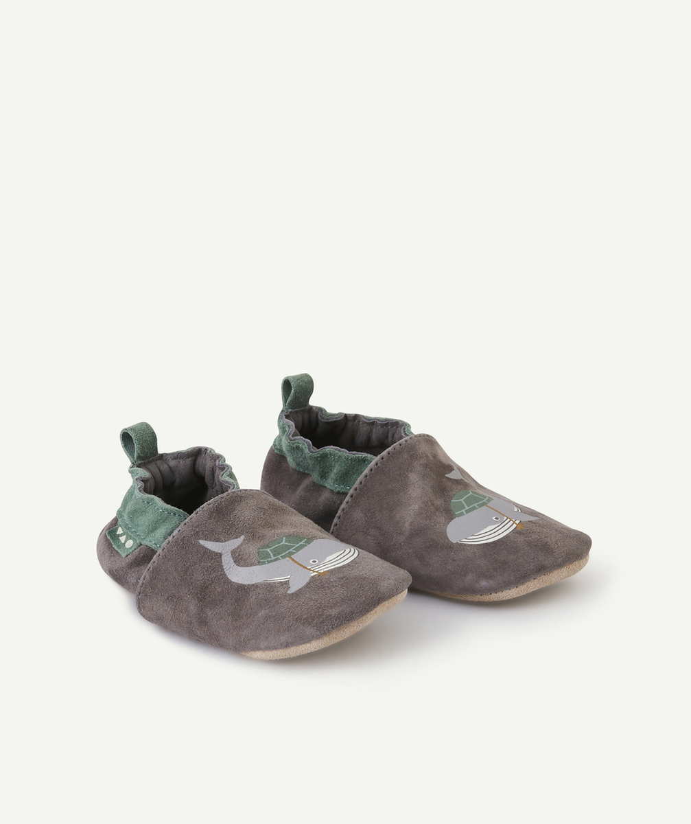 CHAUSSONS EN CUIR BÉBÉ GARÇON GRIS AVEC BALEINES