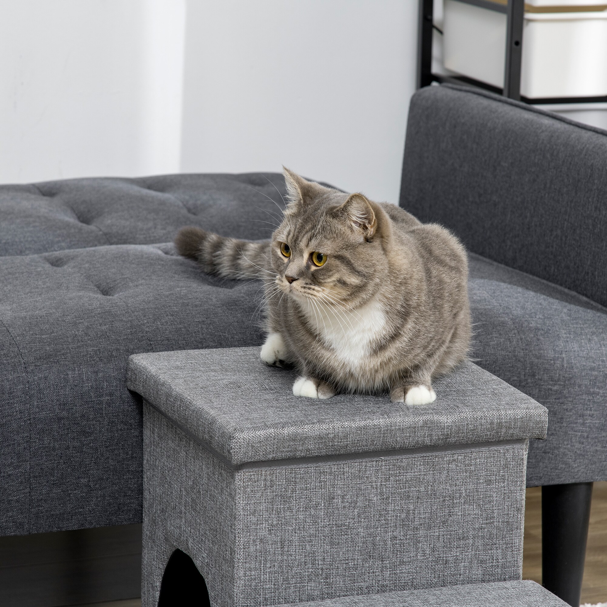 PawHut Hundetreppe mit einem Plüschkissen grau 73,5L x 33B x 40,5H cm
