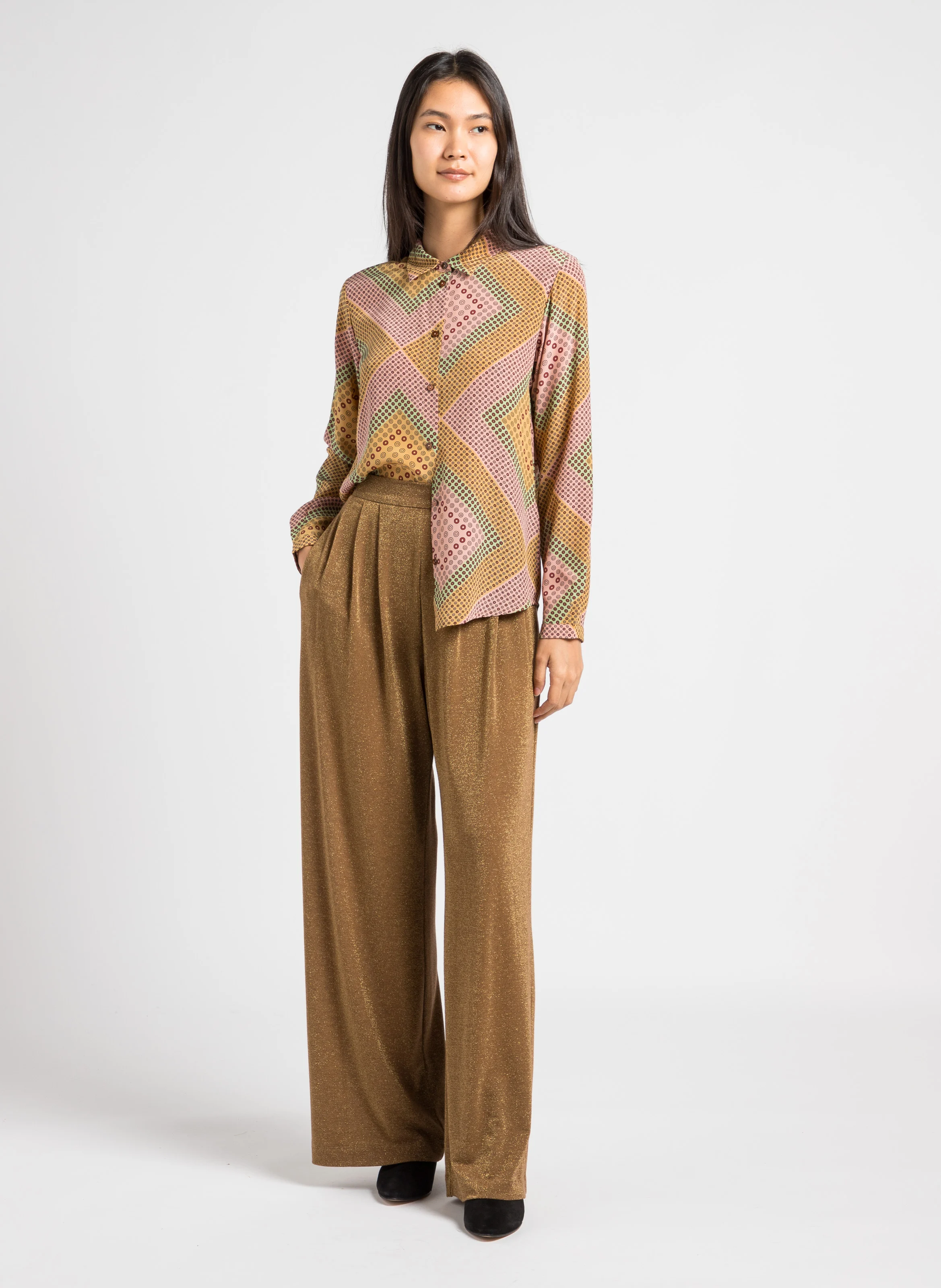 Chemise imprimée col classique en soie| Beige