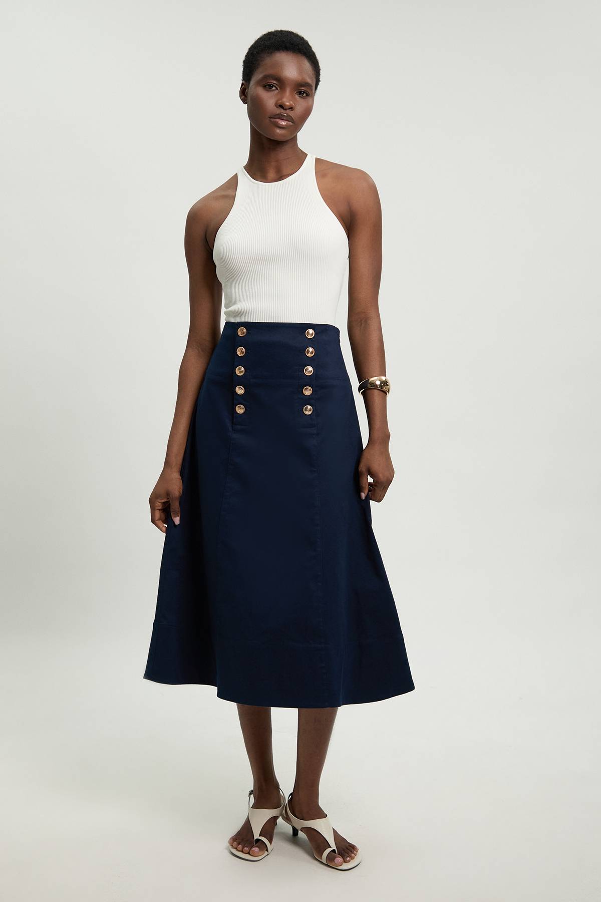 KarenMillen Jupe Midi Ajustée En Coton Avec Détail De Boutons