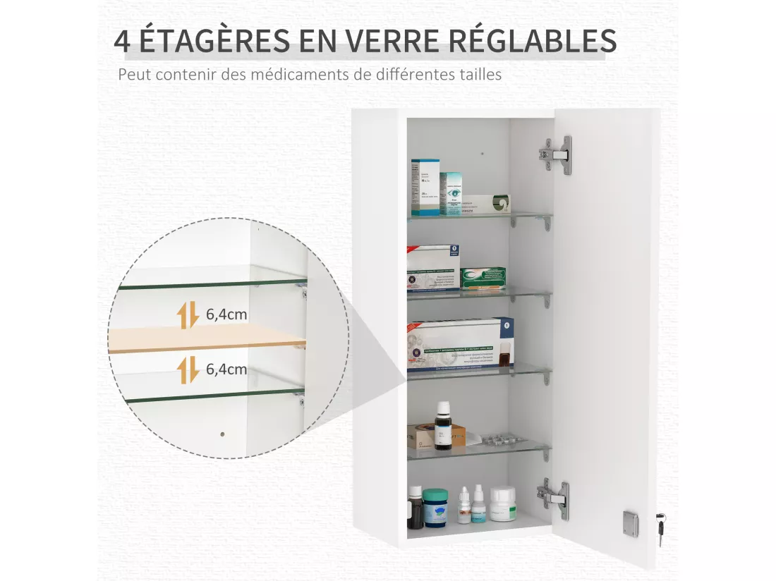 Armoire à pharmacie murale verrouillable - 5 niveaux - verre panneaux blanc