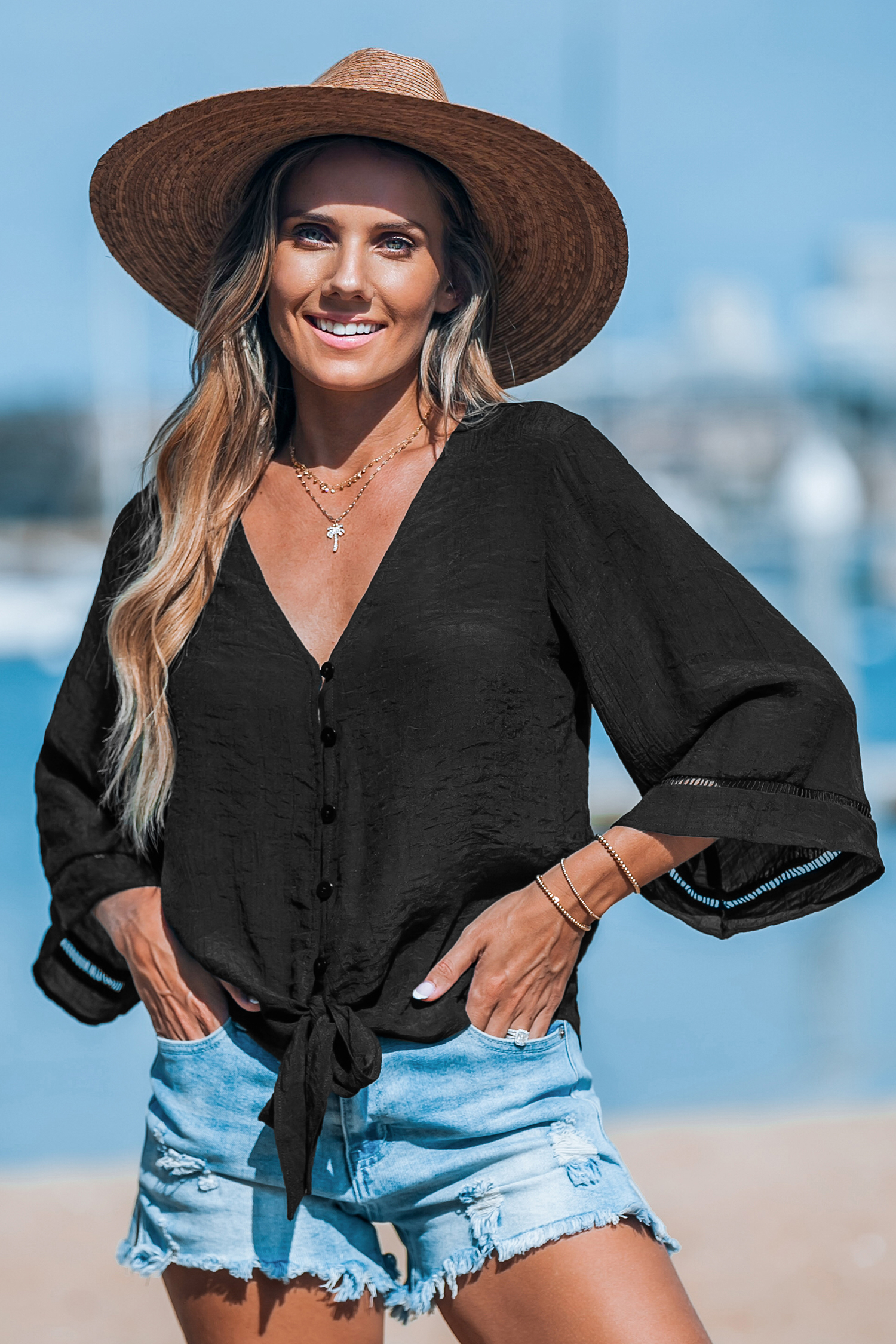 Haut cover up à manches évasées et taille à nouer noir