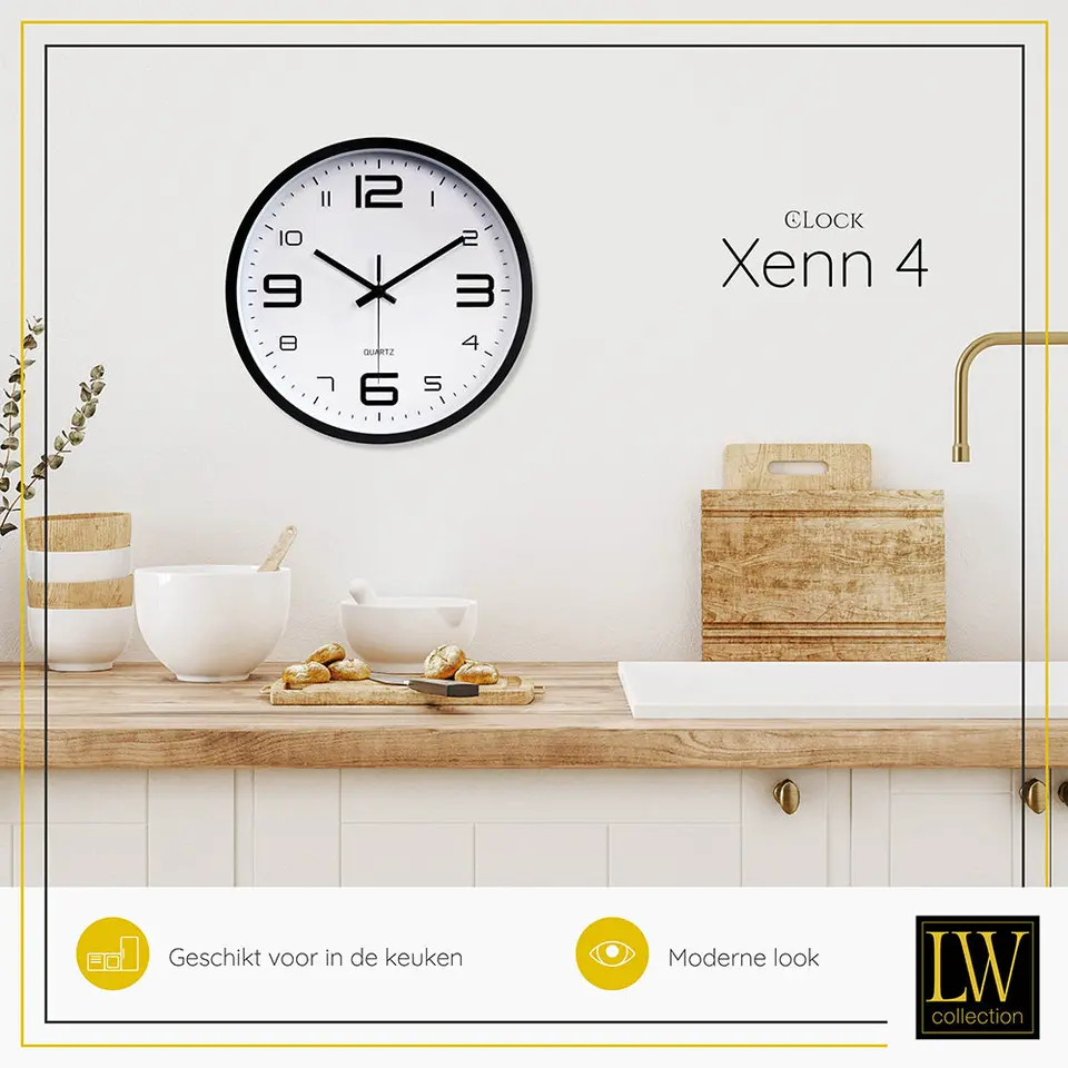 LW Collection Keukenklok Xenn4 zwart wit 30cm