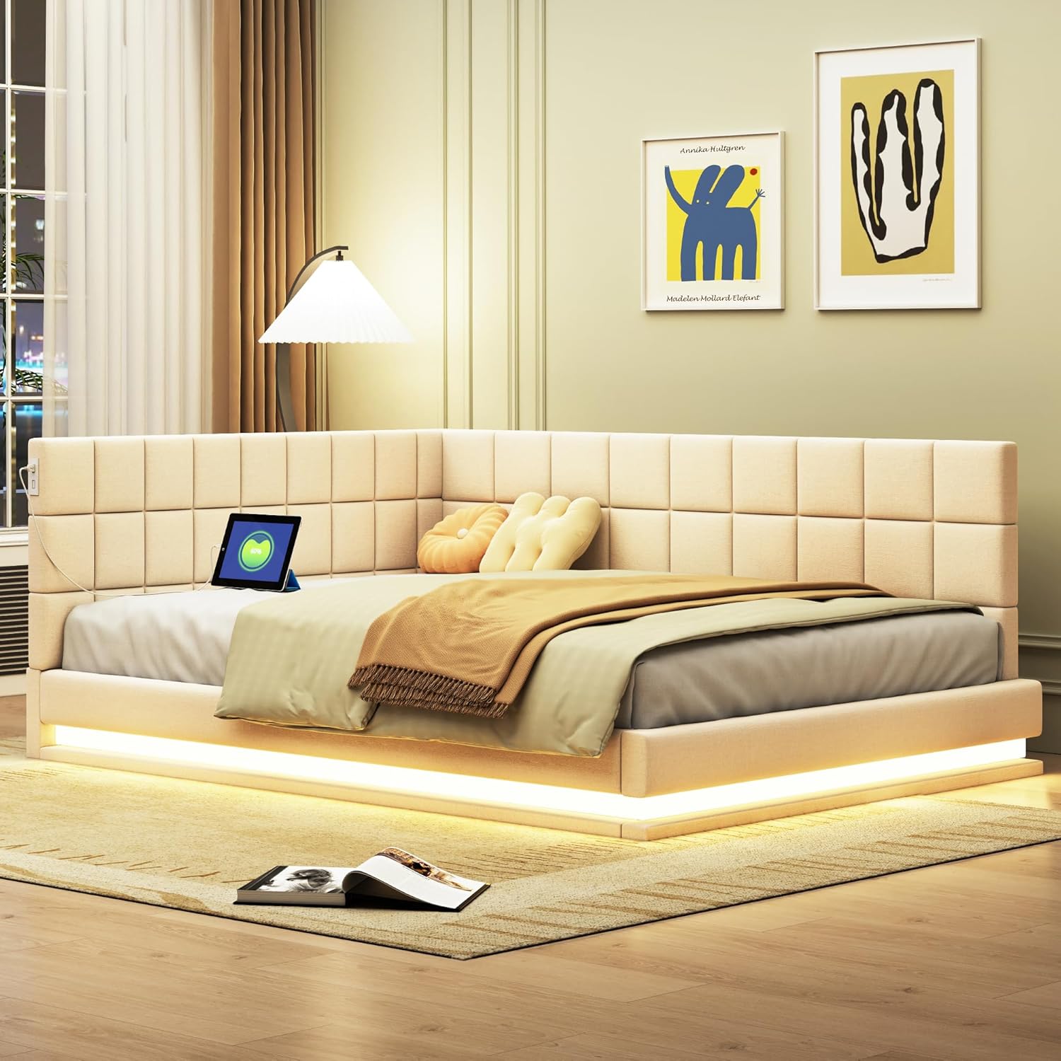 okwish Schlafsofa Daybett 140x200cm mit Lattenrost und LED Lichtleiste, Tagesbett Polsterbett mit USB Steckdose, Kinderbett Jugendbett (Ohne Matratze)- Beige