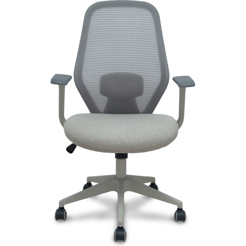 Chaise de bureau Ergo529, dossier en maille grise, assise en tissu gris, piètement gris clair, roulettes en nylon