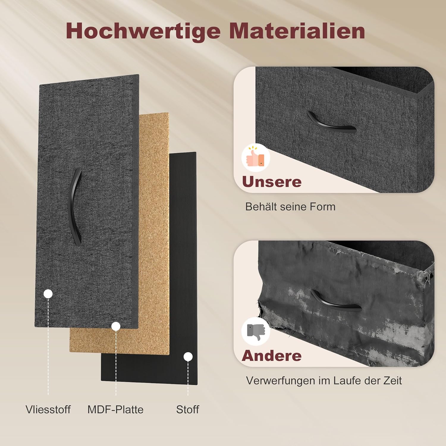 HOMCOM Kommode Schrank mit 8 Schubladen aus Vliesstoff Aufbewahrungsschrank mit Ladestation Haken Stahlrahmen Schubladenschrank für Schlafzimmer, Wohnzimmer, Rustikal-Braun+Schwarz