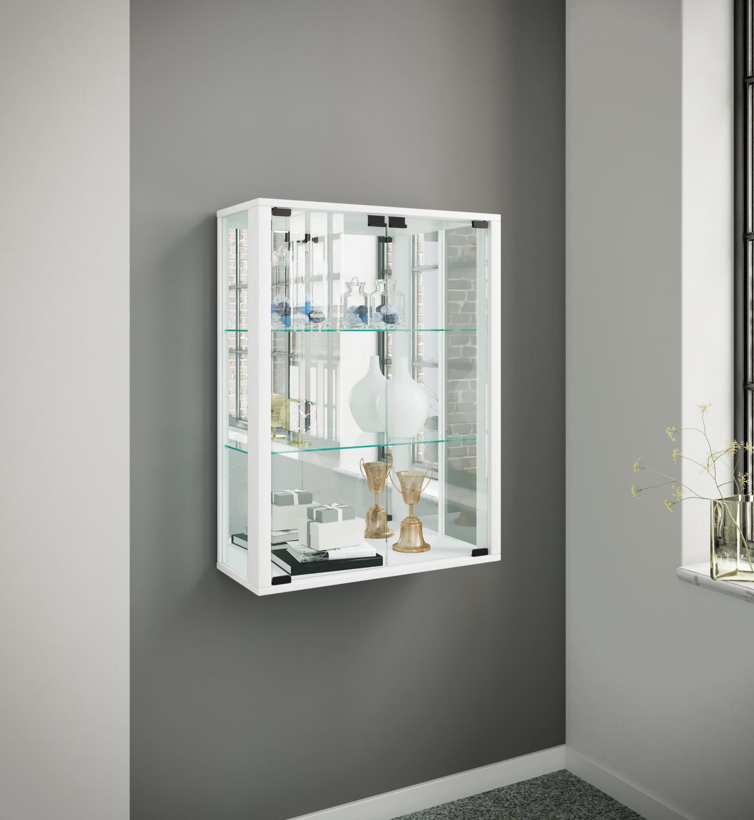 Wandvitrine UDINA - weiß - mit Rückwandspiegel - 60 cm