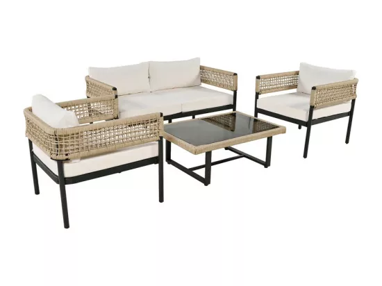 Salon de jardin modulable en Acier galvanisé et décoré de corde - 4 places - 1 canapé、2 fauteuils et 1 table basse - Beige