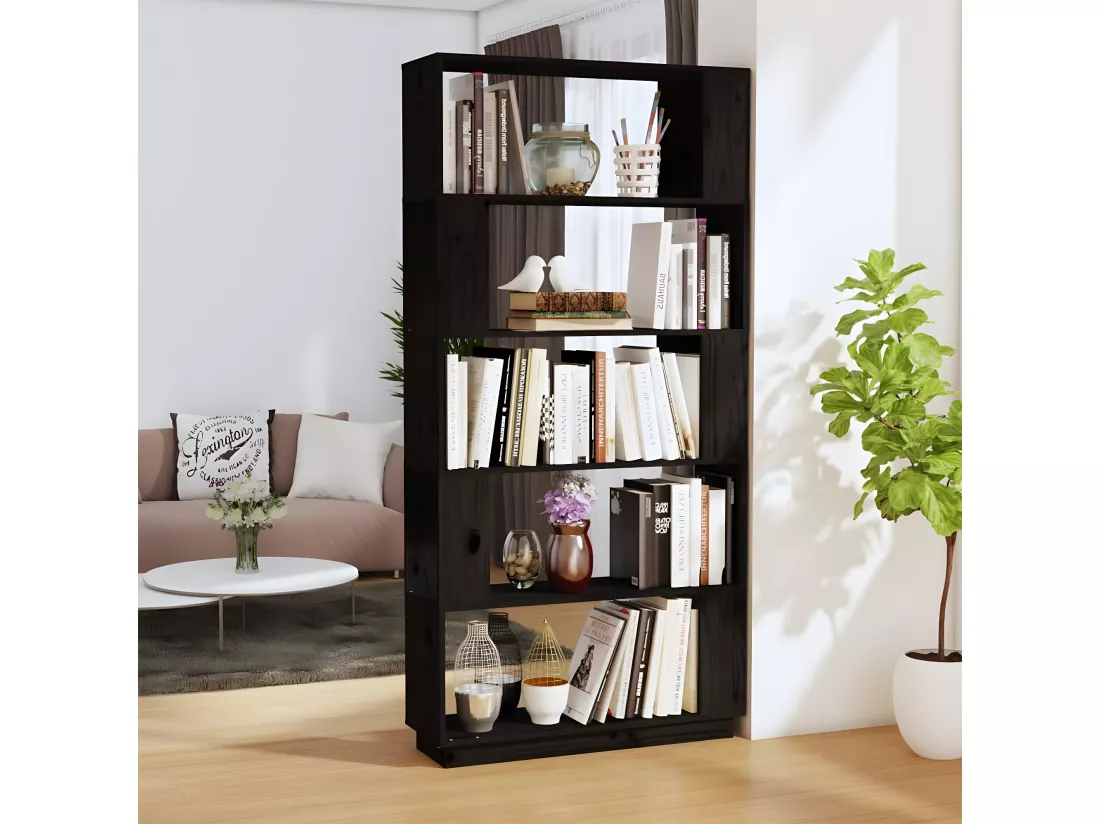 Bibliothèque/Séparateur de pièce Noir 80x25x163,5 cm Pin solide