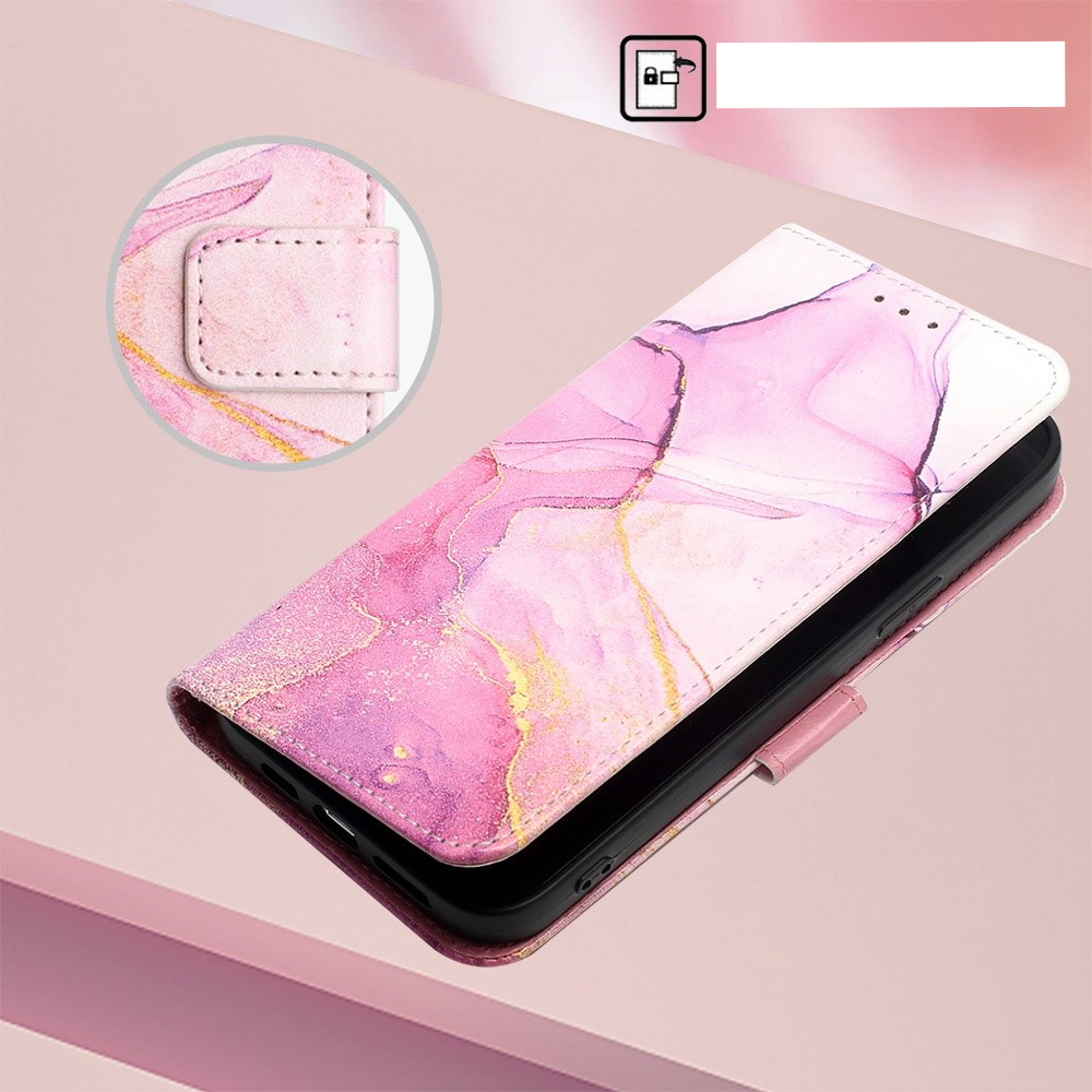 iPhone 14 Leder Tasche mit Kartenfach   Handschlaufe Marble Marmor - Pink / Rosa