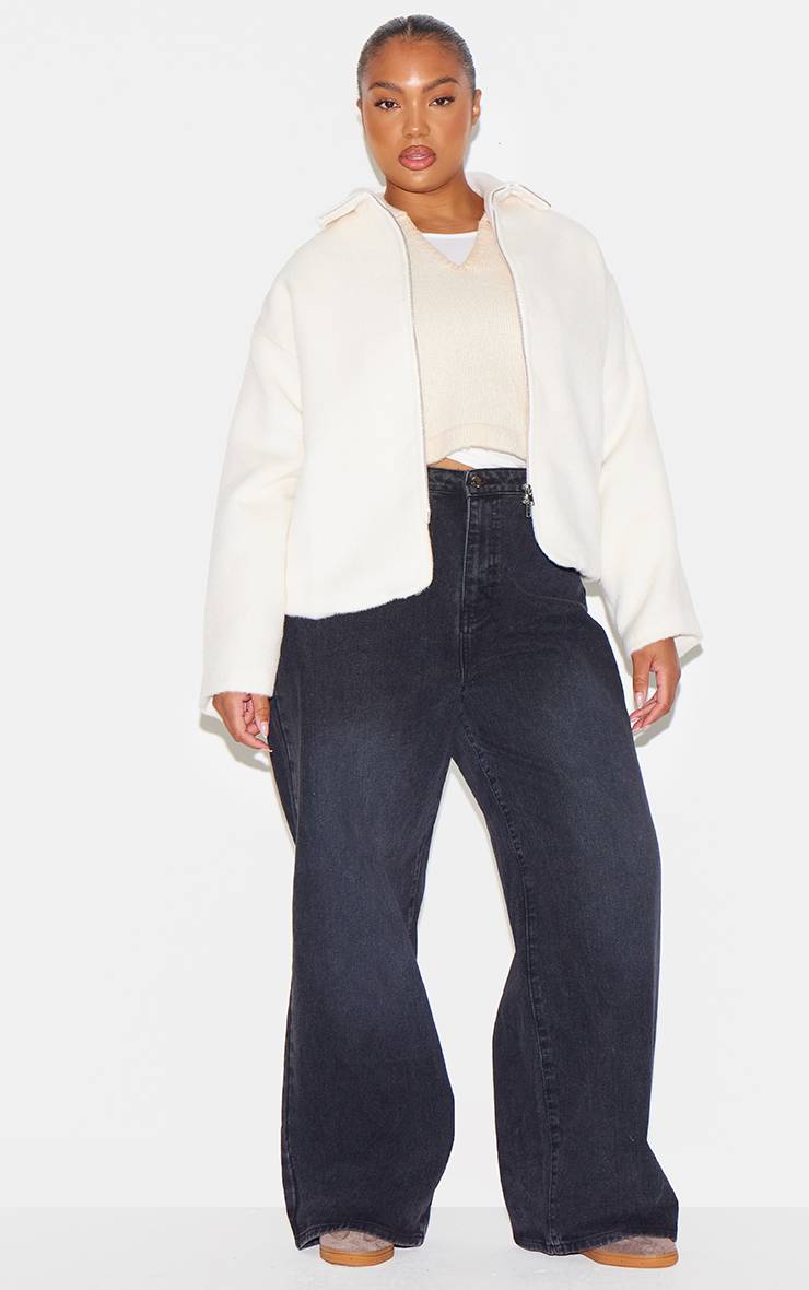 Crème Veste Grande Taille À Col Large Et Fermeture Zippée Effet Laine