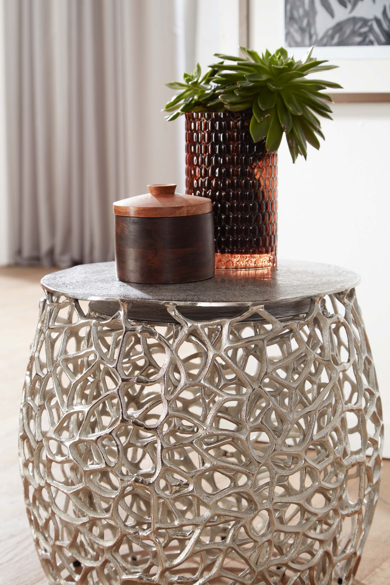 KADIMA DESIGN Silbernes Beistelltisch-Set mit ausgefallener Aststruktur, Aluminium, vielseitig einsetzbar
