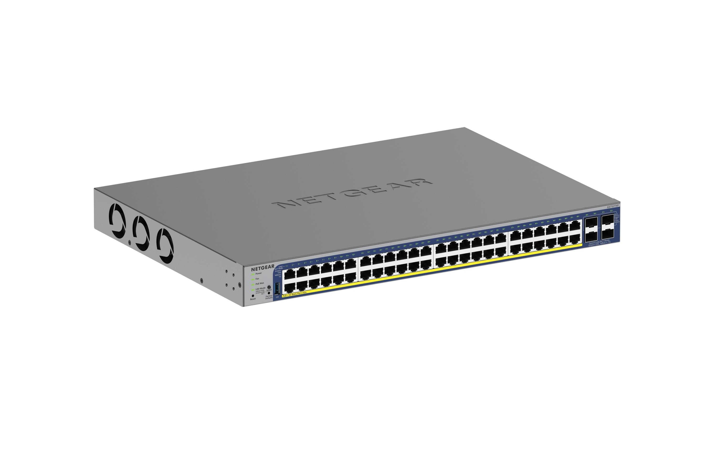 PoE+ Switch GS752TXPv3 52 Port<br>Hochleistungsfähiger 48-Port Gigabit PoE+ Switch mit 4 10G SFP+ Ports und fortschrittlichen Netzwerksicherheitsfunktionen