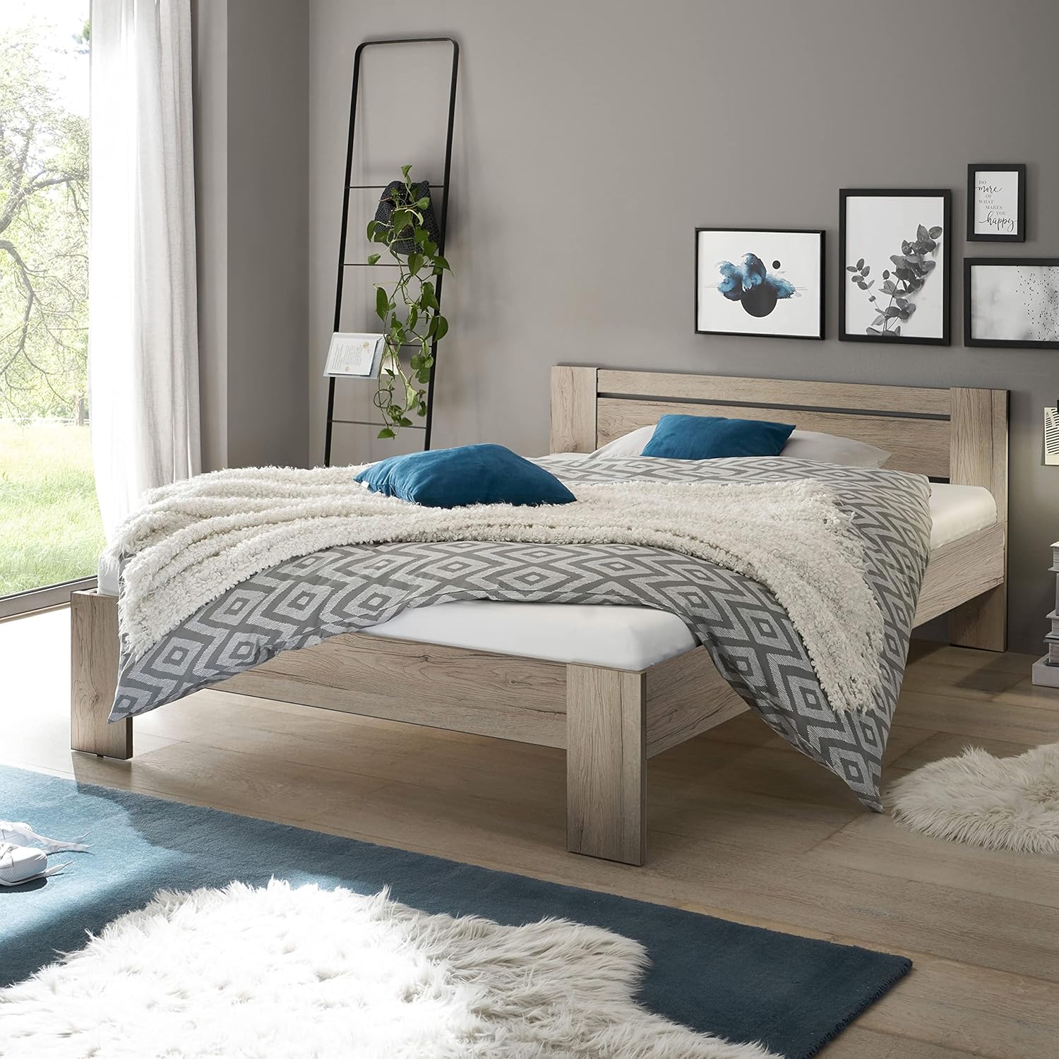 CANNES Futonbett 140 x 200 cm - Minimalistisches Jugendzimmer Doppelbett in Eiche San Remo Optik - 145 x 71 x 204 cm (B/H/T)