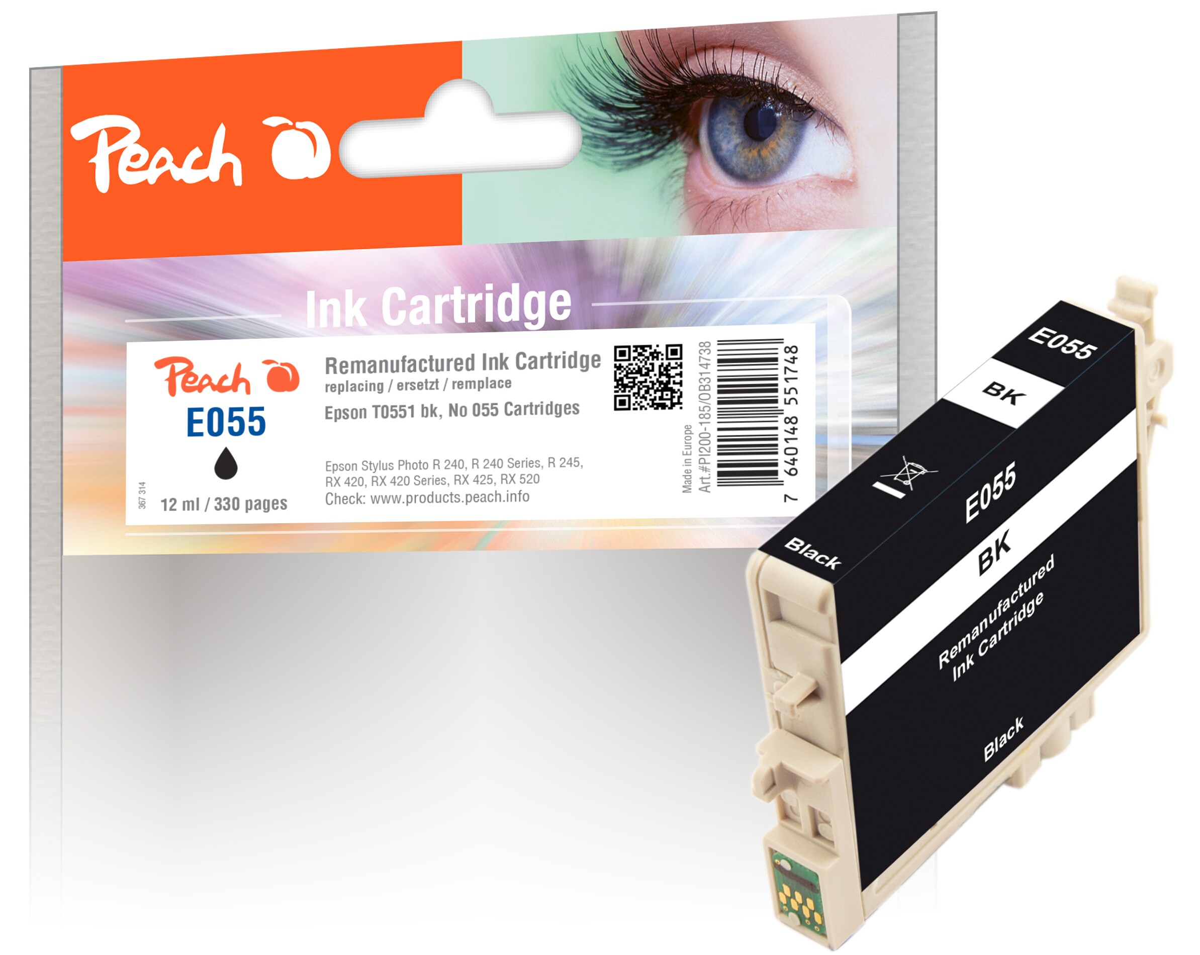 Peach E551 bk Druckerpatrone bk ersetzt Epson T0551 bk, C13T05514010 für z.B. Epson Stylus Photo R 240, Epson Stylus Photo R 245 (wiederaufbereitet)