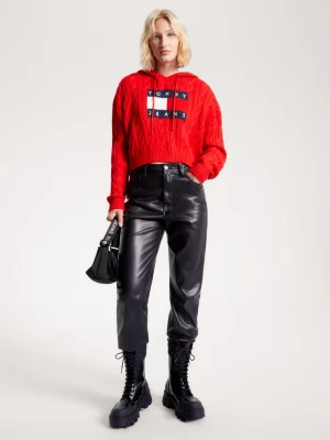 Moletom cropped com capuz e emblema de bandeira em tricô
