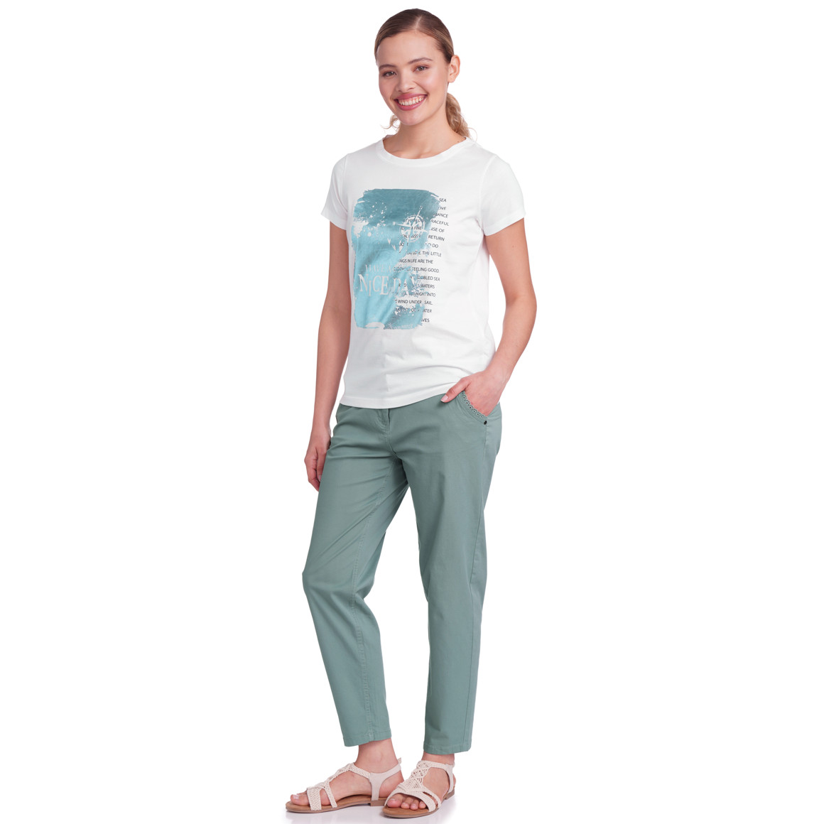 Gina Damen T-Shirt mit Glitzer-Print weiss