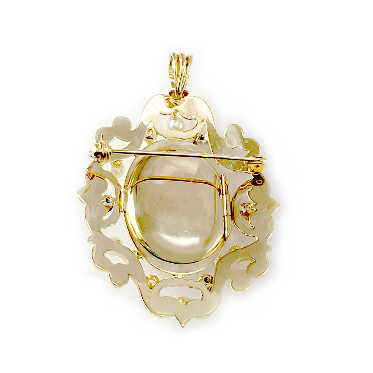 Broche pendentif d'occasion or 750 jaune saphirs diamants perles de culture
