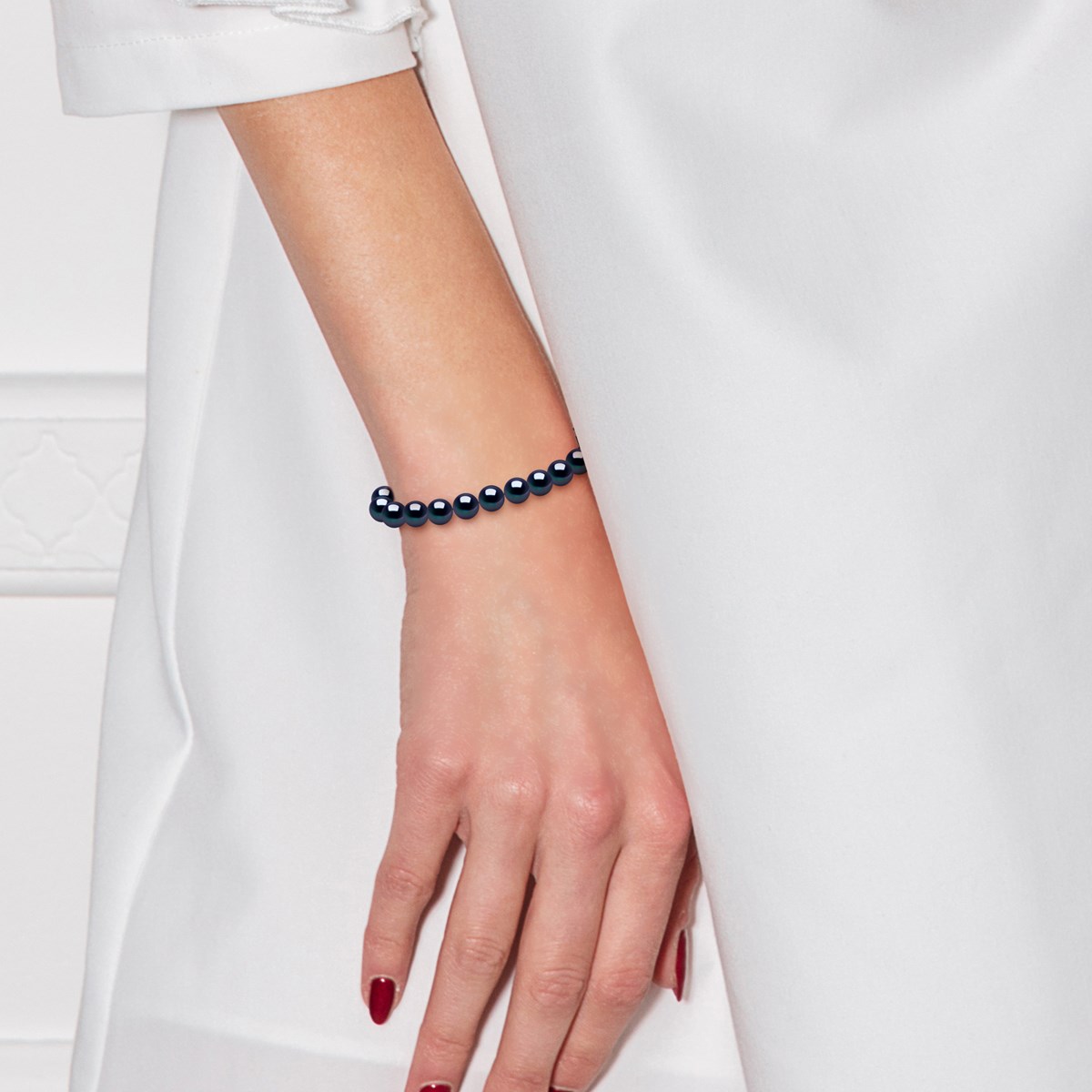 Bracelet Rang de Perles d'Eau Douce Rondes 6-7 mm Noires Argent 925