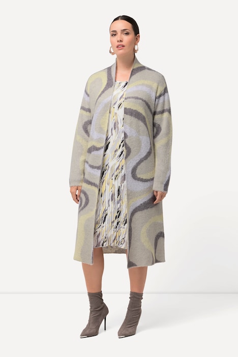 Long-Strickjacke, Jacquard-Strickmuster, offene Form
