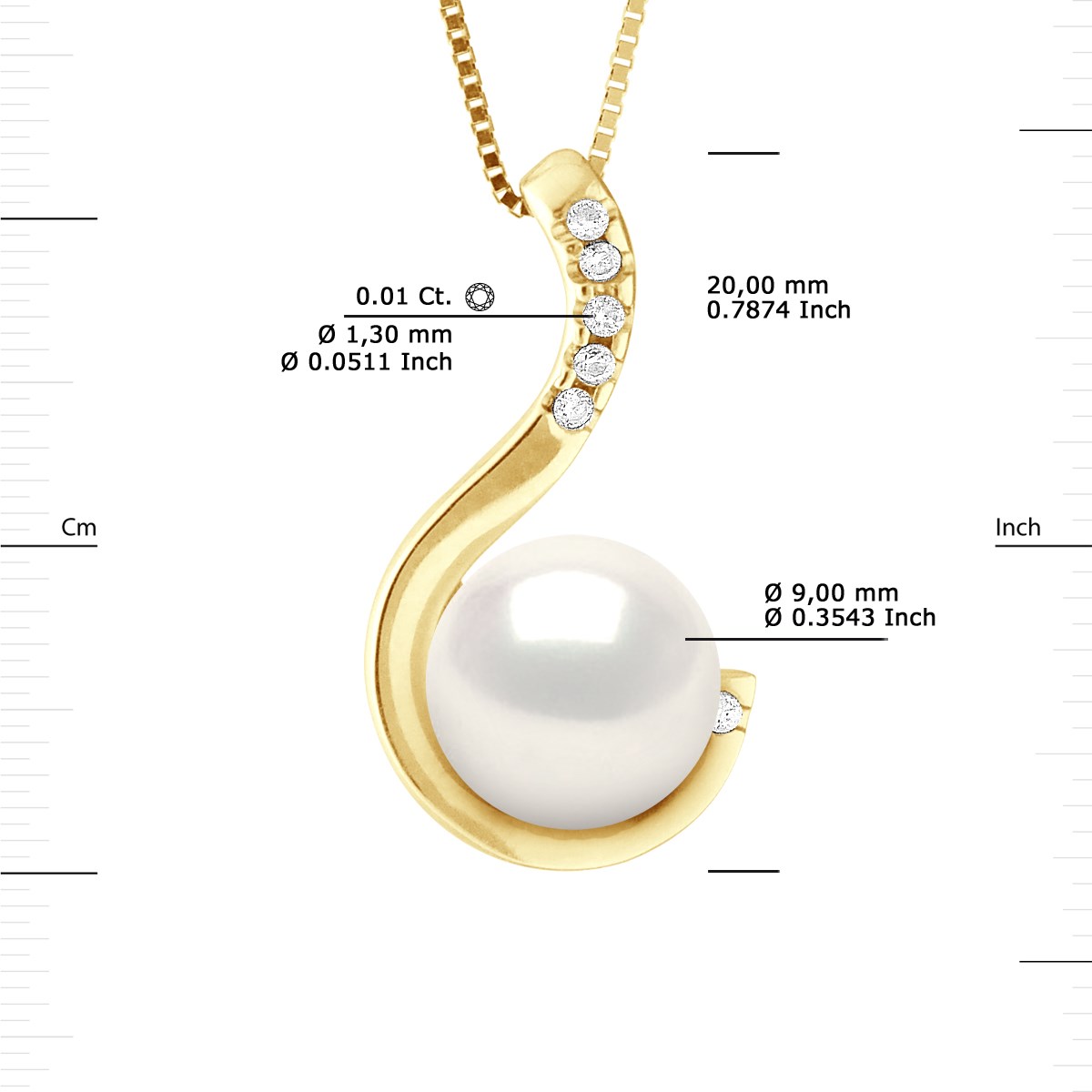 Pendentif Joaillerie 0,06 Cts - Véritable Perle de Culture d'Eau Douce - Blanc Naturel - Ronde 9-10 mm - Or Jaune