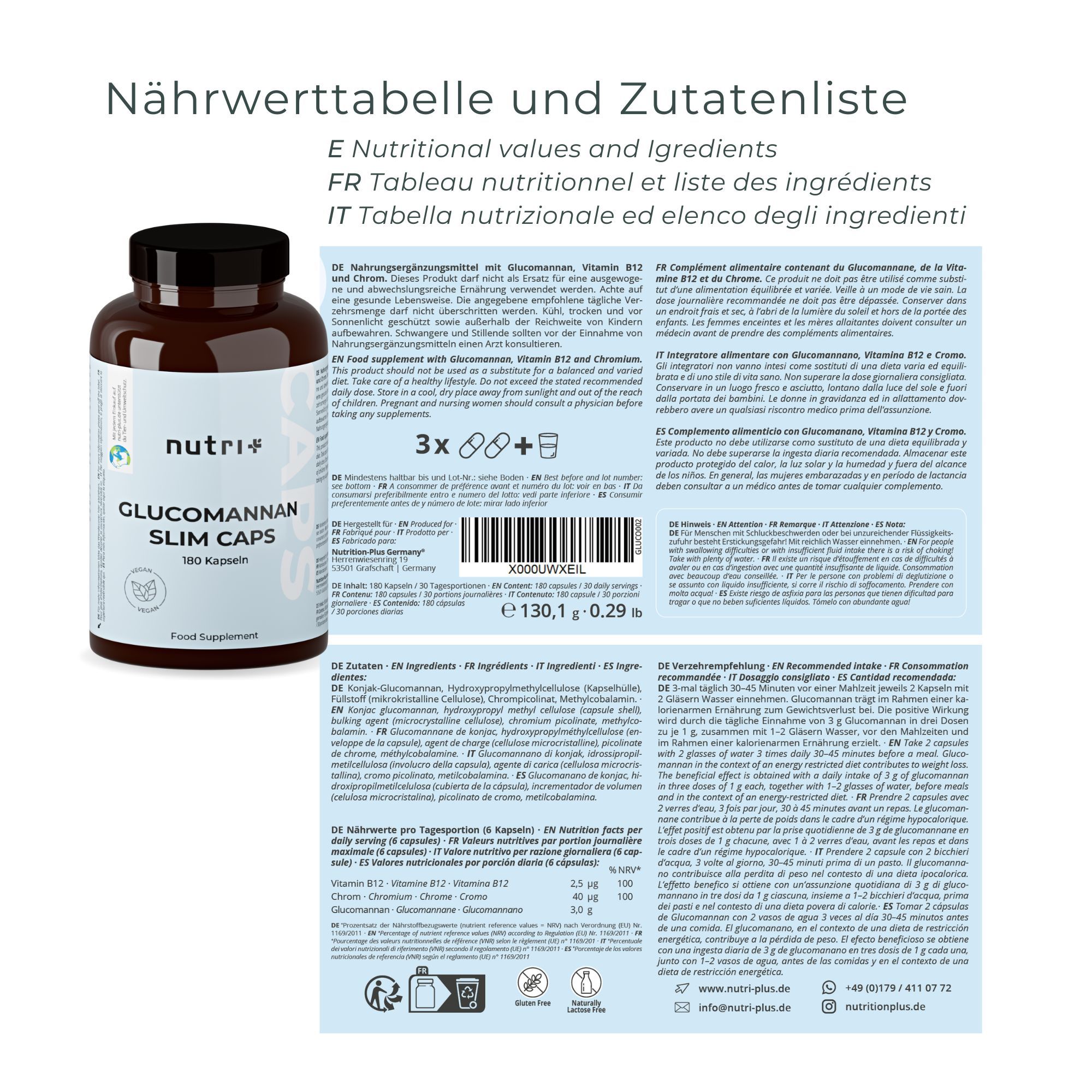 Nutri+ Glucomannan Slim Kapseln - Sättigungskapseln zum Abnehmen