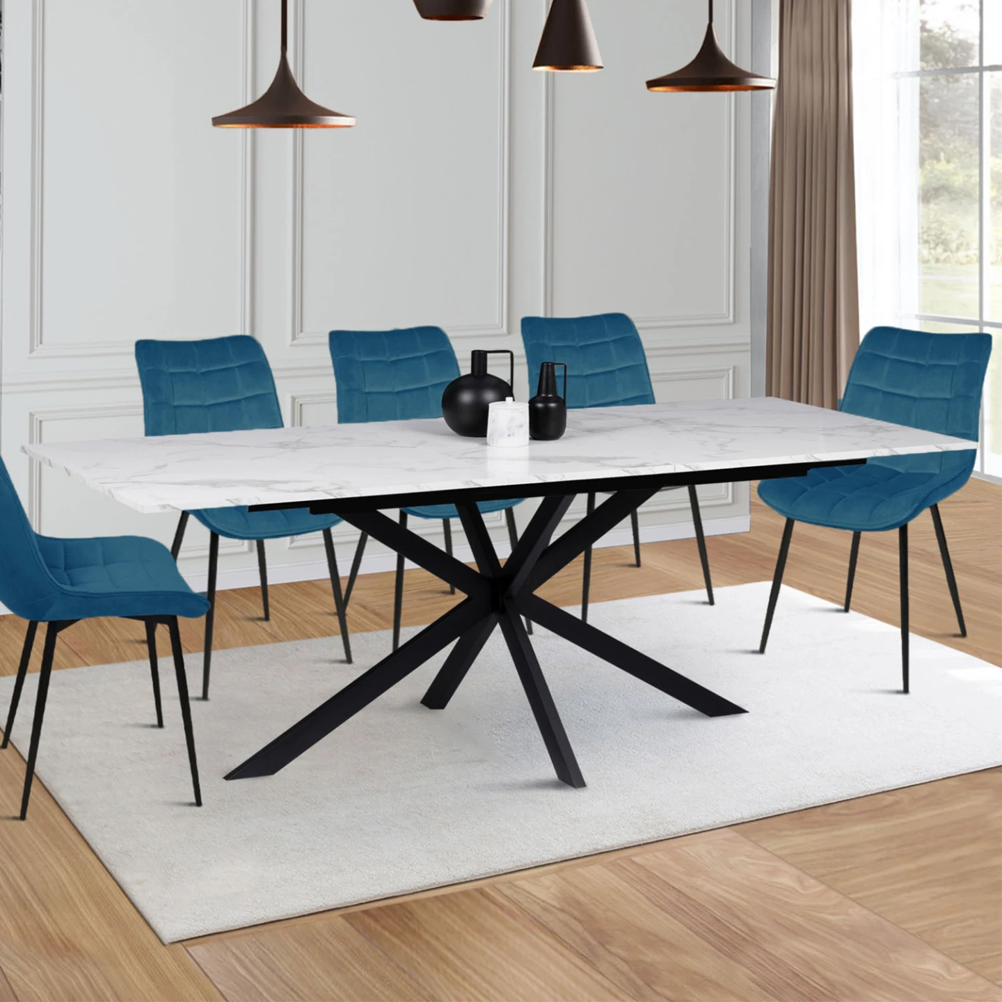 Table à manger extensible rectangle ALIX 6-10 personnes pied araignée noir plateau effet marbre blanc ALASKA 160-200 cm