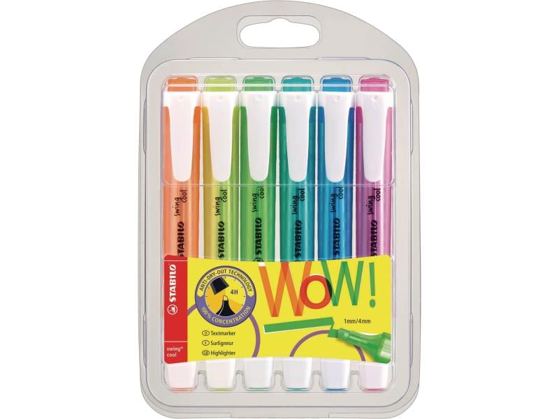 STABILO Textmarker Swing Cool 6 Stück Leuchtmarker im flachen Design