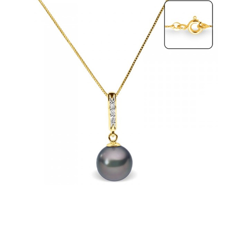 Collier Pendentif Perle de Culture d'eau douce Noire, Diamants et Or Jaune 375/1000
