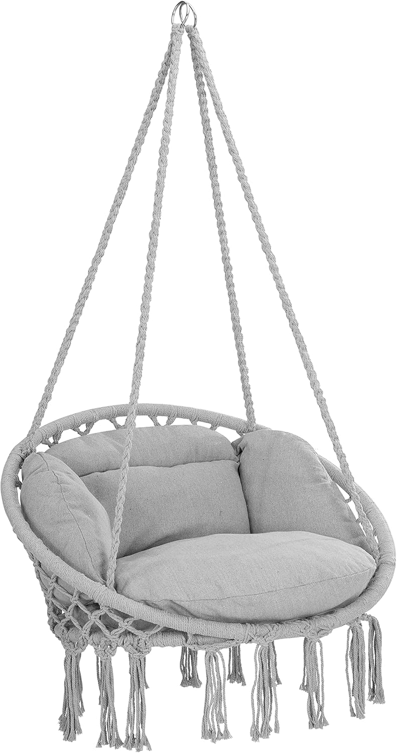 DETEX® Hängesessel bis 150kg Belastbar Boho Stil Wetterfest GS-Zertifiziert Garten 360° Drehbar Grau Hängestuhl Indoor & Outdoor inkl. bequemer Kissen