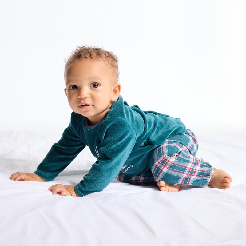 Pyjama en velours brodé rennes à carreaux bébé garçon Vert